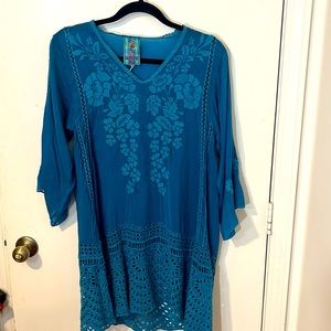 Johnny Was Blue eyelet and embroidered Georgette Tunic size small